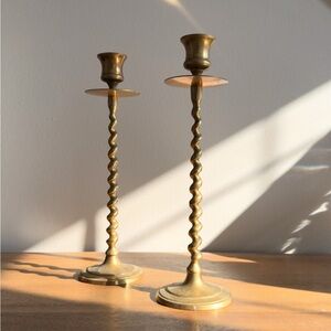 * SOLD * Set of 2 Vintage Elegant Barley Twist 10.5” Brass Taper Holders